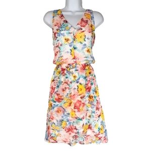 GUESS Colorful Pink Blue Yellow Floral Button Sleeveless Dress XLarge